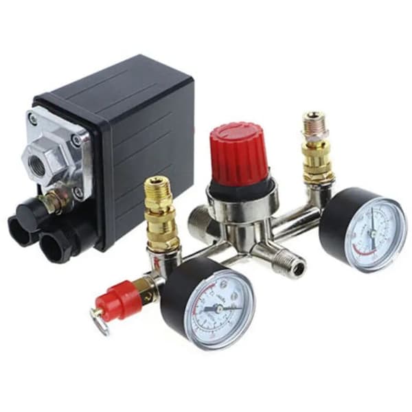 Trykkregulator for høytytende luftkompressor, trykkbryter og trykkmåler.