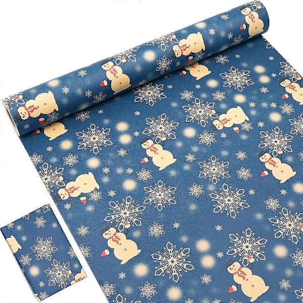 15 m x 43 cm Laivastonsininen kierrätettävä joulupaperirulla, jossa tähti-, lumihiutale- ja lumiukkokuviointi joululahjojen paketointiin ja juhlakoristeluun