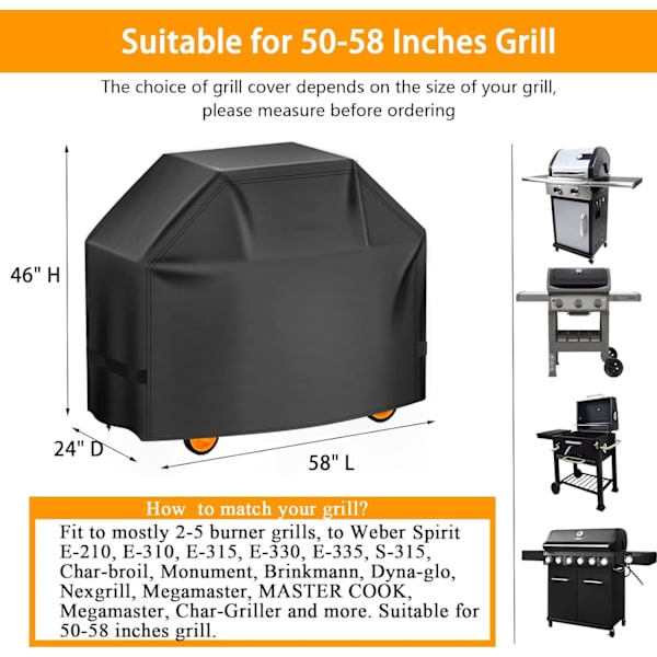 Grilldæksel, 58 Tommer Gasgrilldæksel, Vandafvisende, UV-Resistent Materiale, Med Elastisk Velcro og Justerbar Snøre, Til Weber Kulgrill