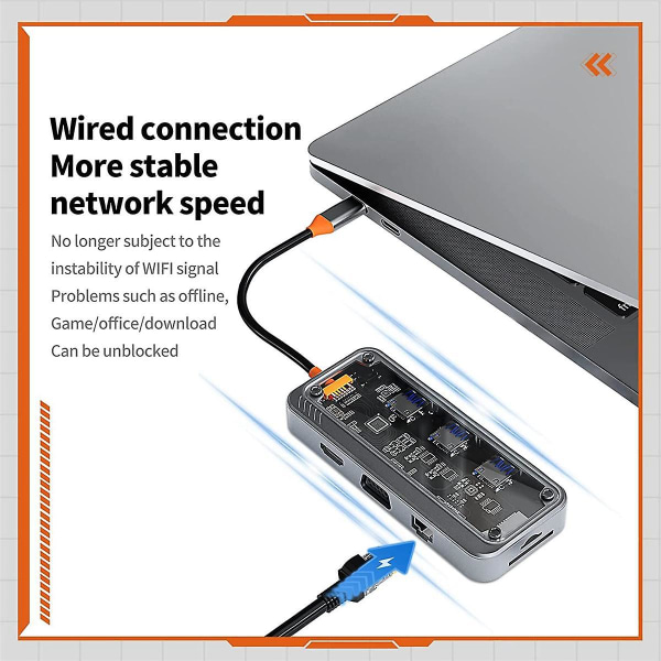 10-in-1 USB-C-hubiadapteri, USB-C-kannettavan telakointiasema kahdelle näytölle, USB 3.0 ja 2.0 portit, 100 W PD