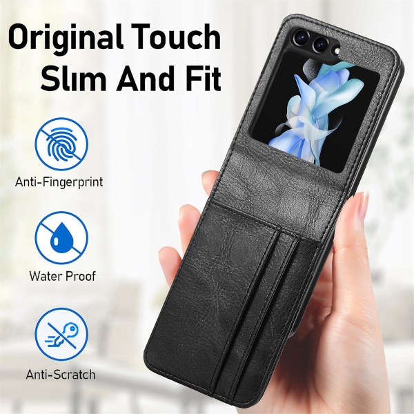 Til Galaxy Z Flip 5-etui, læderpung-beskyttende etui til Samsung Galaxy Z Flip 5 med kortpladser, understøtter trådløs opladning