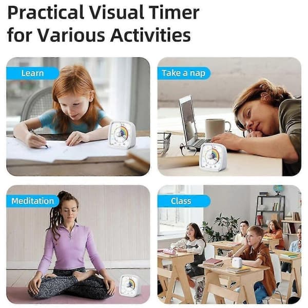 60-minutters visuel timer med natlys, nedtællingstimer, regnbue-mønster Pomodoro-timer til børn og voksne (hvid)