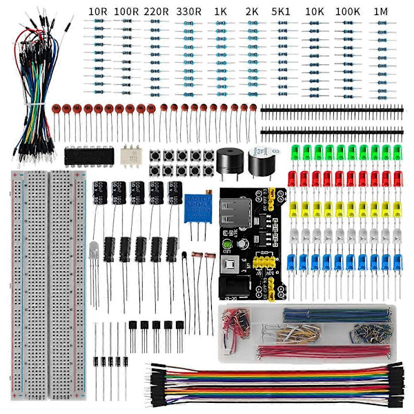R3 DIY-projektin sarja, R3 elektroninen DIY-sarja, elektroninen komponenttisarja laatikolla ja 830-nastainen kytkentälevy