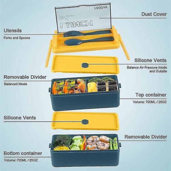 2023-oppgradert Bento-boks for voksne, 2-lags stablebar lunsjboks med støvdeksel til servise, 49 oz Bento