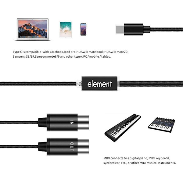 MIDI till USB-C Typ C-kabel USB MIDI-konverterare med indikatorlampa för elektronisk dator