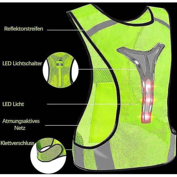 Løpe-refleksvest, sikkerhetsvest, elastisk og justerbar lysende sykkelvest, blinkende LED-vest for voksne og barn, jogging, sykling, motorc