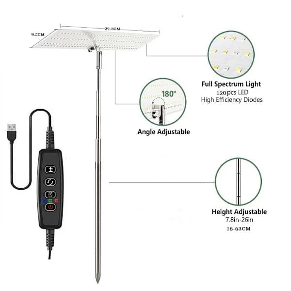 LED plantelys med 3 lysmoduser og 4 dimmenivåer.