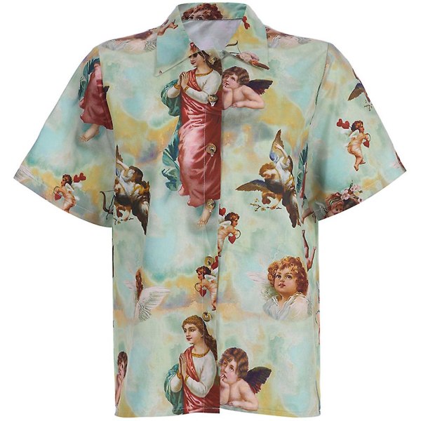 Ny Hot Vintage Angel Print Kvinnors Kortärmad Button Down Blusskjorta för sommaren