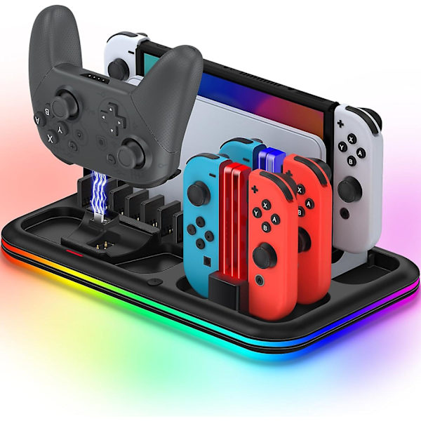 RGB-svitsjkontrollerlader for Switch/Switch Oled, ladestasjon for Joycon og Switch Pro-kontroller, tilbehør til Switch