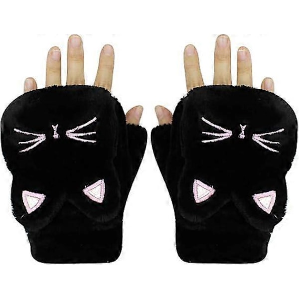 1 par Dam Flickor Handskar Varma Mjuka Söta Katt Plysch Konvertibla Flip Top Vinter Fingerlösa Tjocka Vantar för Tonåringar