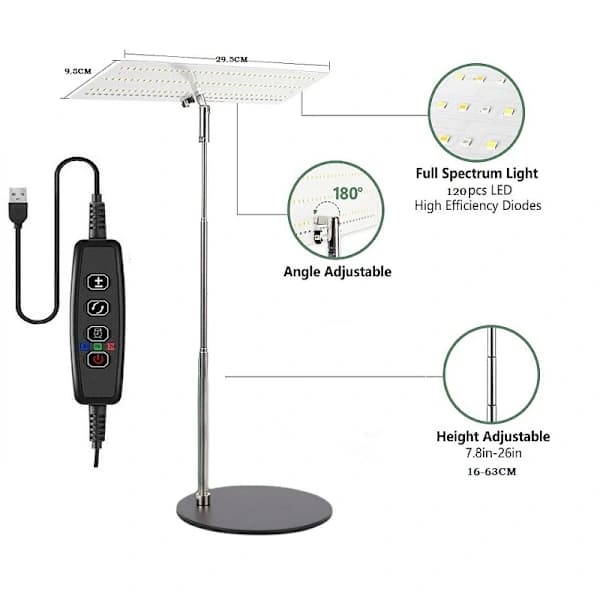 Justerbart LED-vekstlys for planter, med 3 lysmoduser og 4 dimmenivåer.