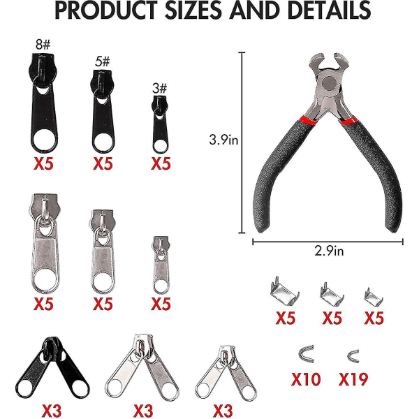 Erstatningsglidelåssett, 85 deler Glidelåsreparasjonsett, 3 mm, 5 mm, 8 mm Metallglidelås med monteringstang for jakke, telt, bagasje, sovepose, koffert