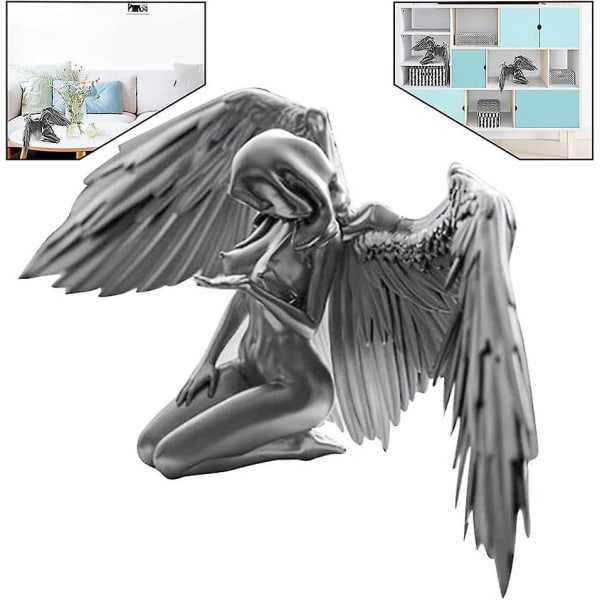 Desktop Resin Ornament Kvinnevinger Angel Skulptur Bord knelende statue dekorasjon Sølv