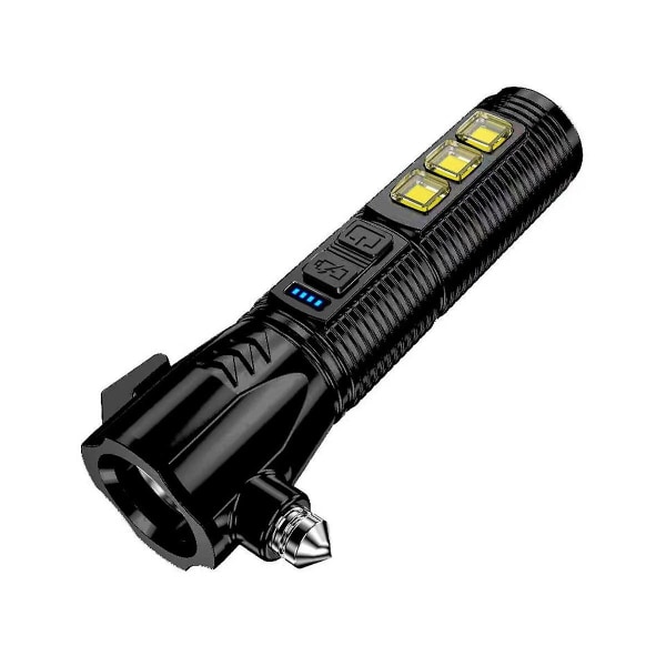 Multifunktionell Strong Light Ficklampa Bil Säkerhetshammare USB Uppladdningsbar Brand Nödsignal La