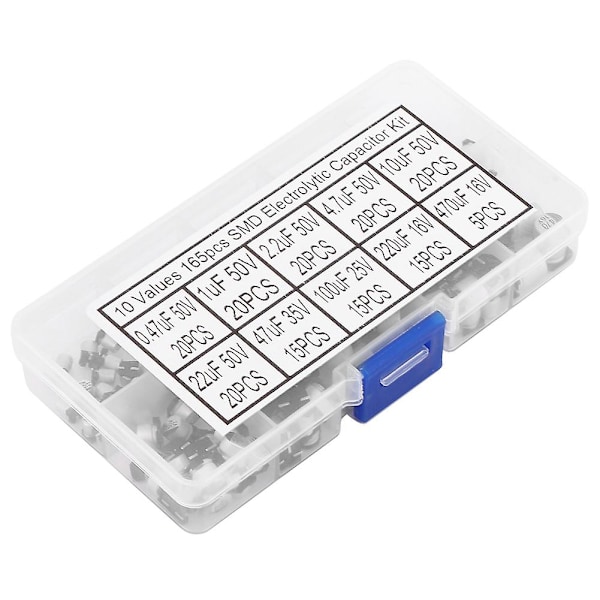 165 stk SMD Aluminium Elektrolytisk Kondensator Assortert Sett 0,47uf 50v - 470uf 16v