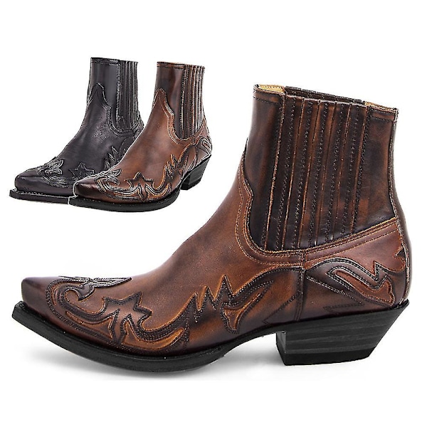 Vintage-tyyliset miesten brodeeratut lännen cowboy-saappaat, lohkokorko, keinonahka, 9092