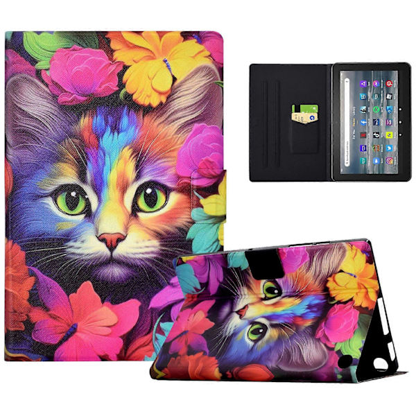 For Amazon Fire 7 (2022) PU Leather E-Reader Case Mønstertrykk Stativdeksel Rose Cat
