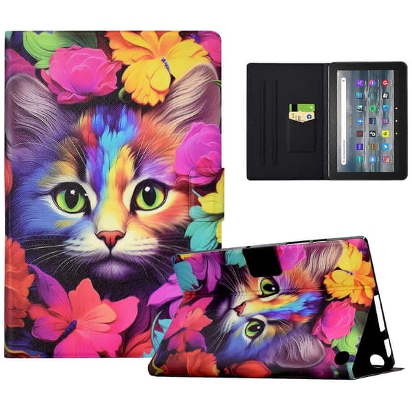 Til Amazon Fire 7 (2022) PU Læder E-Reader Etui Mønster Print Stå Cover Rose Kat