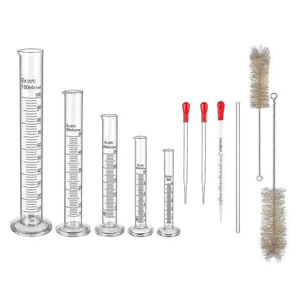 Set av graderade mätcylindrar av glas, premiumborosilikatcylindersats med 3 pipetter + 2 borste