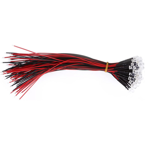 50 stk 5mm Forudtrådede Runde Vandklare LED Lys Assorteringskit DIY Til Videnskabsprojekt Eksperiment DC 9-12V (Hvidt Lys)