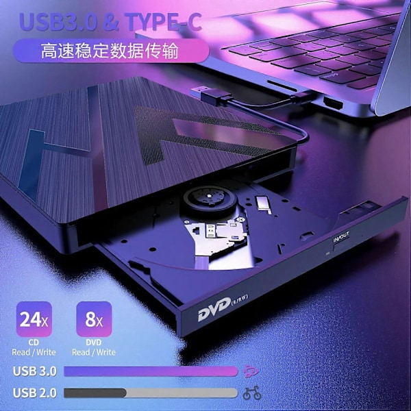 Ulkoinen CD DVD -asema USB 3.0 ja Type-C DVD-poltin CD-poltin kannettaville tietokoneille ja PC:ille