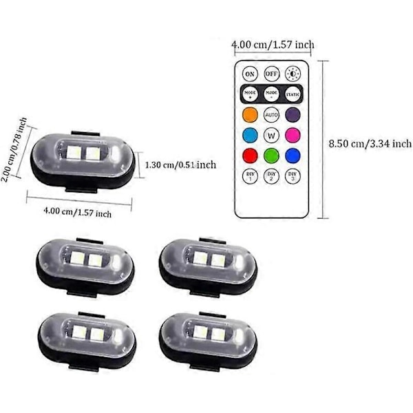 4 stk RGB LED-strobelys med trådløs fjernkontroll for bil, sykkel og motorsykkel