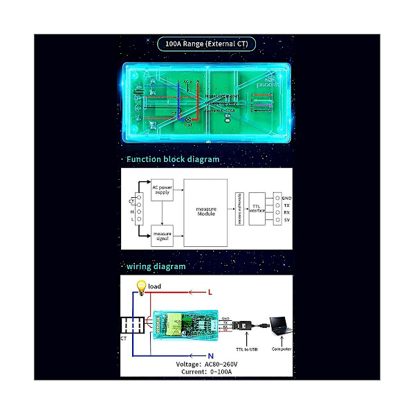 100A PZEM-004T 3.0 Wattmeter + fodral + stängd CT kWh-mätare Volt Amp Strömtestmodul för TTL Com2/com3