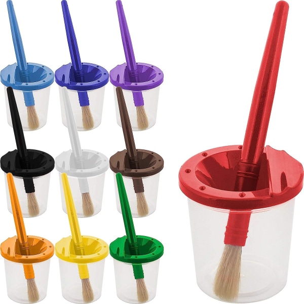 -10-delers malingskopper for barn uten søl med fargede lokk og 10-delers store runde børstesett med plasthåndtak
