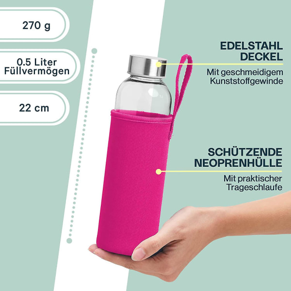 Glasflaske 1L med Neoprenhylster | Drikkflaske af Glas i 500ml & 1000ml