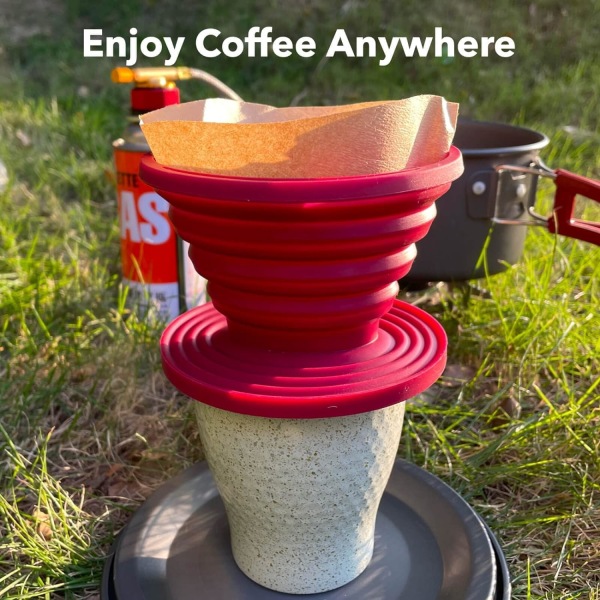 Hopfällbar kaffedrycker för campingkaffe, återanvändbar kaffefilterhållare i silikon för campingröd