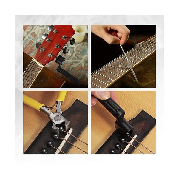 Gitarrreparation och underhållssats med måttband, slipning, packning, strängspik, plektrum, utbyte