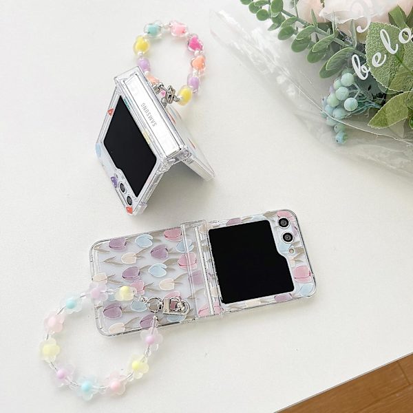 Til Samsung Galaxy Z Flip 6 Etui med Farverig Kæde Rem Armbånd, Sød Pige Agtig Dame Krystalklar PC Stødsikker Beskyttende Etui