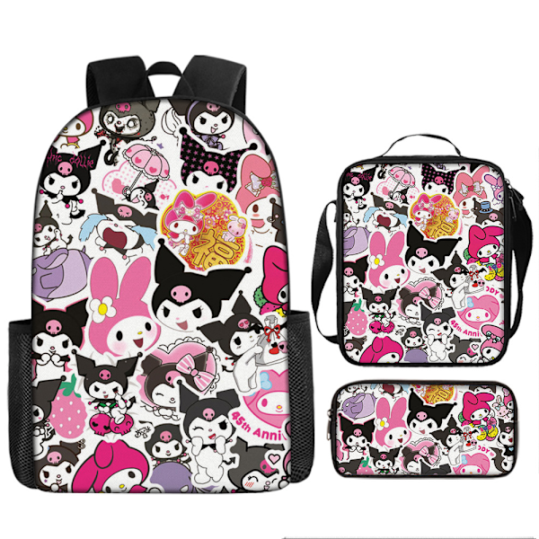 Uusi Kuromi-piirretty koululaukku kolmiosainen setti ala- ja yläkoululaisille