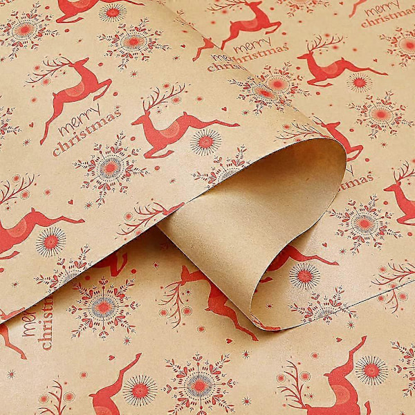10 Öppna 50cm*70cm Julklappspapper på Rulle, Älgmönstrat Presentpapper på Rulle, Återvinningsbart Kraftpapper för Juldekoration