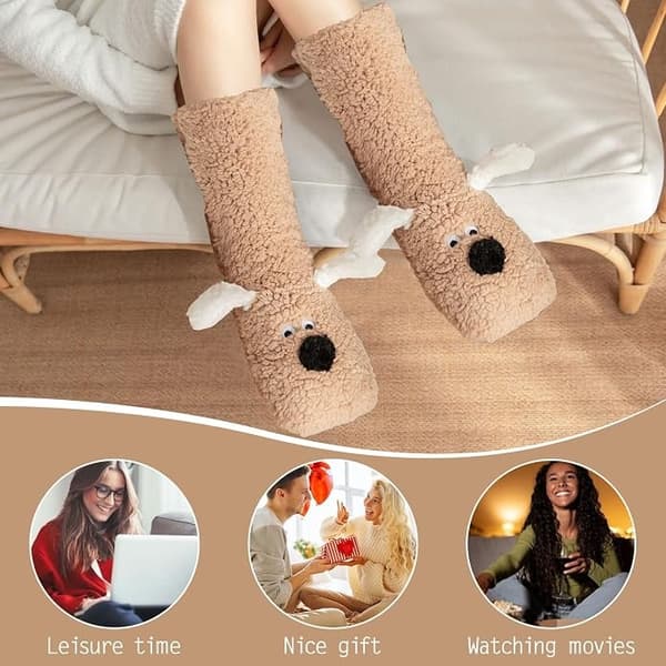 Halkfria toffelsockor för kvinnor, plyschfoder i lammull, söta djurmönster, med halkfria dynor