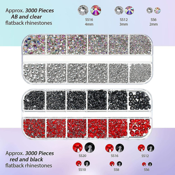 9000 kpl Hotfix tekojalokivi kirkas Ab musta ja punainen litteä selkäkristalli 6 kokoa 12 väriä tekojalokivi lasikiviä, säilytyslaatikko pinseteillä ja tee itse