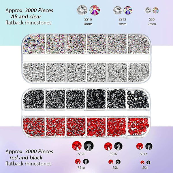 9000 Stykker Hotfix Rhinestones Klar AB Svart og Rød Flat Back Krystall 6 Størrelser 12 Farger av Rhinestone Glass Steiner, Oppbevaringsboks med Pinsett og DIY