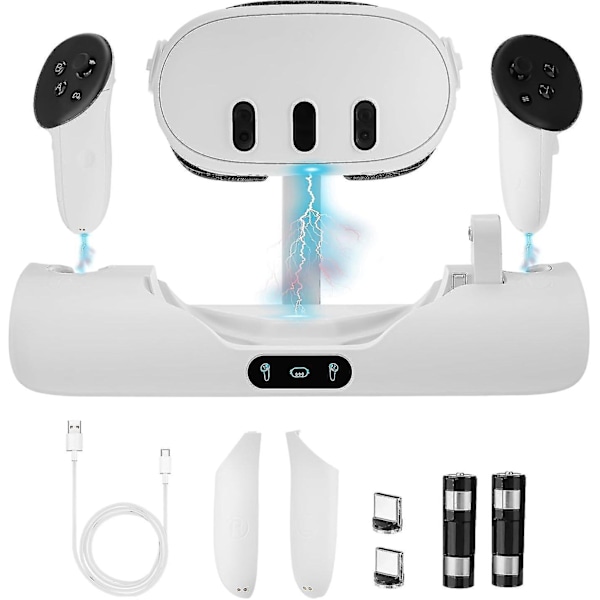 Auniq laddningsdocka för Oculus/meta Quest 3, VR-headset laddningsstativ för Quest 3 headset & handkontroll laddningsstation med 2 uppladdningsbara batterier,