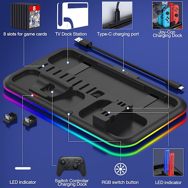 RGB-svitsjkontrollerlader for Switch/Switch Oled, ladestasjon for Joycon og Switch Pro-kontroller, tilbehør til Switch