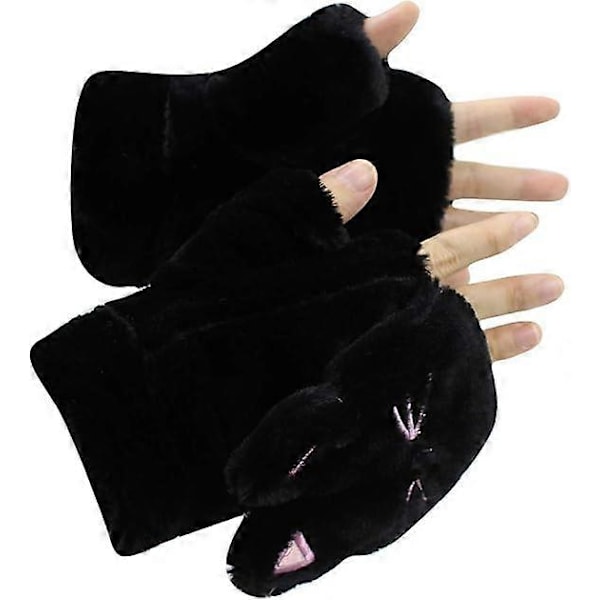 1 par Dam Flickor Handskar Varma Mjuka Söta Katt Plysch Konvertibla Flip Top Vinter Fingerlösa Tjocka Vantar för Tonåringar