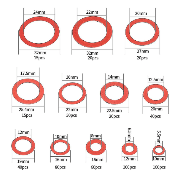 600 stk Fiberskive Assorted Kit 12 Størrelse Rød Stål Papir Fiber Flad Vaskekit Flad Ringforsegling Assor (sammenfiltring)-YUHAO