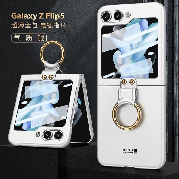 Yhteensopiva case Samsung Galaxy Z Flip 5, jossa rengaspidike ja näytönsuoja karkaistu kalvo ulkonäytölle