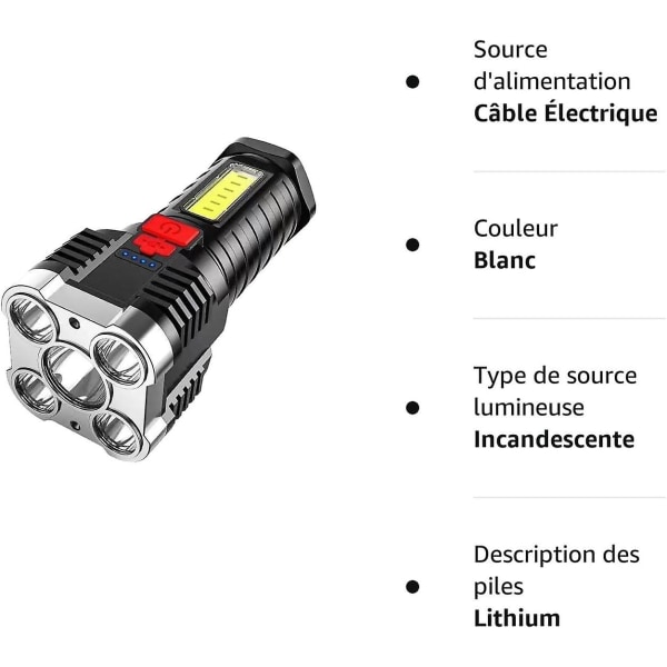 Vandtæt glødelampe med 5 perler COB eksplosionssikker lommelygte - Sidelys med lang rækkevidde - Hjemme og udendørs - USB genopladelig, (JF4554)