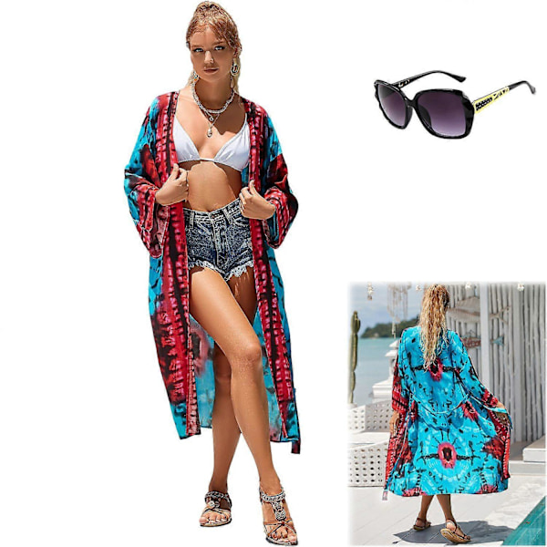 Rantakimono batik-kuviolla, ilmava bikinin peiteasu, pitkä neuletakki, kevyt kesä