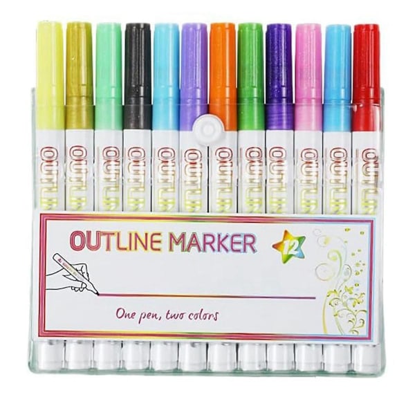 12 farver Glitter Gel Penne Sæt, Outline Marker Double Line Pen Sparkle Markers Farverige kunstpenne f