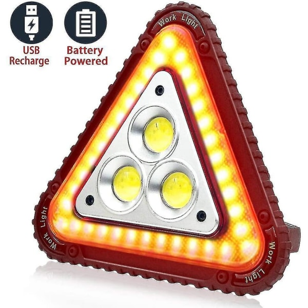 Bærbar LED-signaltrekant, bærbar LED-arbejdslampe, USB-genopladelig, trekant 4 tilstande Cob Flo