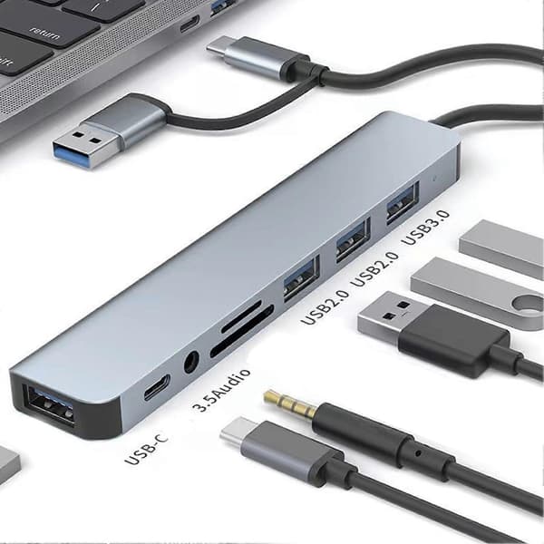 8 i 1 USB C Hub Multifunktionel Kortlæser USB 3.0 Dockingstation til Telefon Tablet