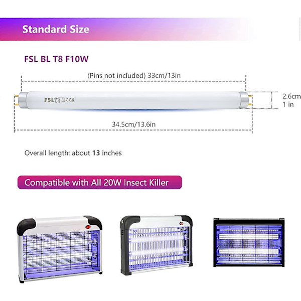 Fsl T8 F10W Bl Erstatningslampe For Myggdreperlampe, 34,5Cm Uv-Rør For 20W Myggdreper/Insektdreper (2 Stk) A328