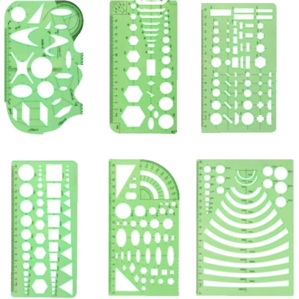 6 kpl Geometriset piirustusmallit Vihreät geometriset mallit Viivain Geometrinen muoto Muoviset mallit ympyröillä, ympyröillä ja soikealla mallilla