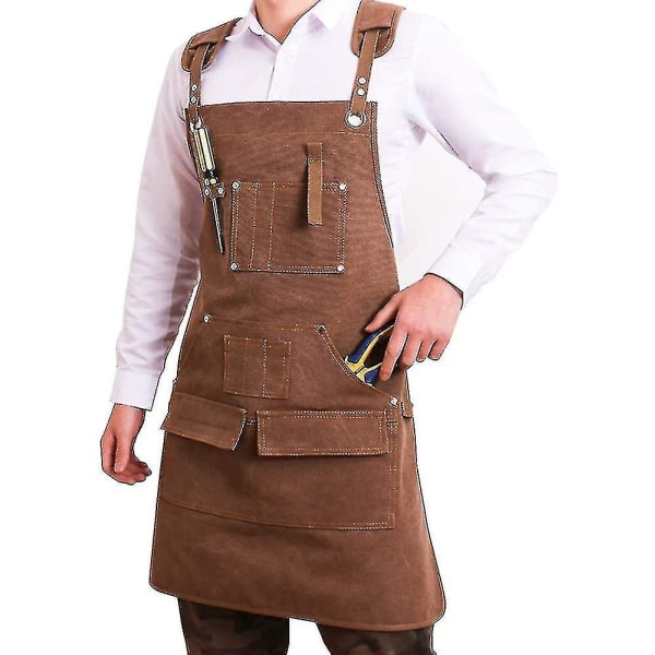 Værktøjsforklæde til mænd med 6 lommer, voksbehandlet lærred Carpenter forklæde, kraftigt lærred